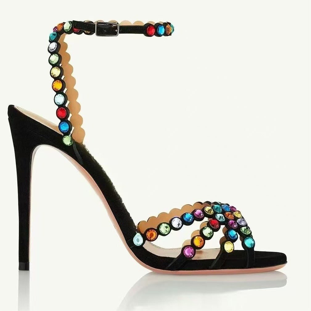 Beaded Rhinestone Heels Scalloped Ankle Strap Sandals - Styeenigma