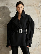 Black Belted Trench Coat Women | Oversized Lapel Short Trench Jacket - Styeenigma