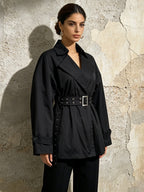 Black Belted Trench Coat Women | Oversized Lapel Short Trench Jacket - Styeenigma