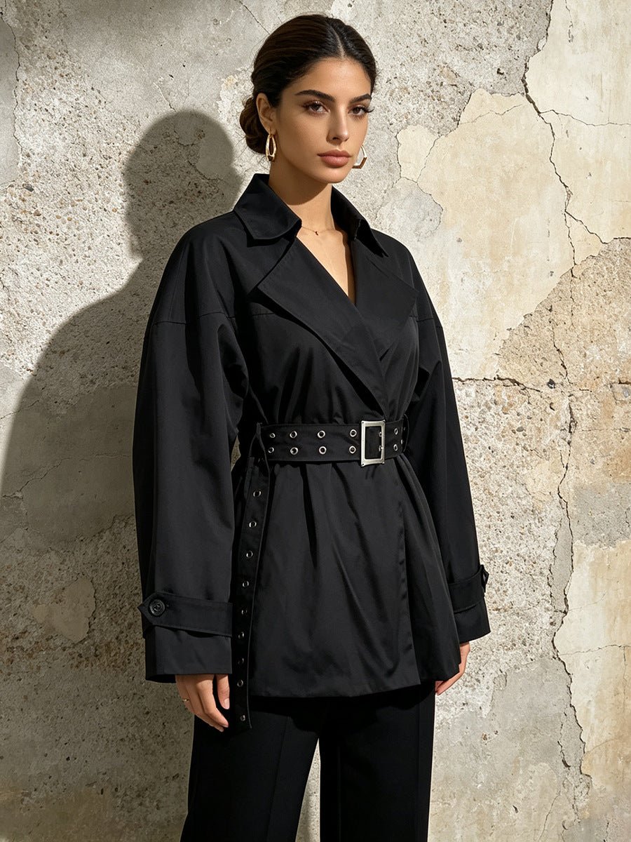 Black Belted Trench Coat Women | Oversized Lapel Short Trench Jacket - Styeenigma