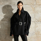 Black Belted Trench Coat Women | Oversized Lapel Short Trench Jacket - Styeenigma