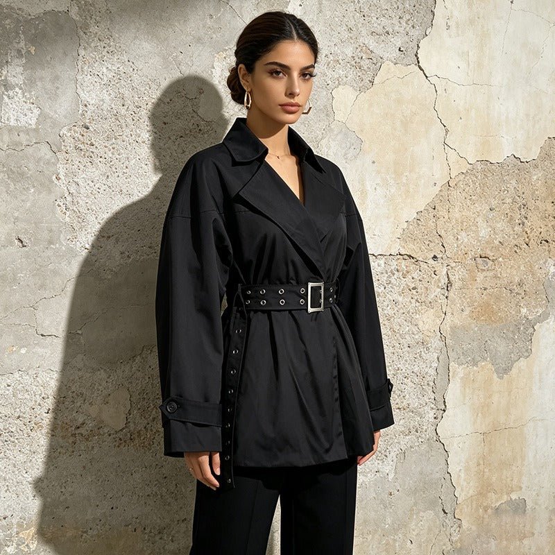 Black Belted Trench Coat Women | Oversized Lapel Short Trench Jacket - Styeenigma