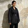 Black Belted Trench Coat Women | Oversized Lapel Short Trench Jacket - Styeenigma