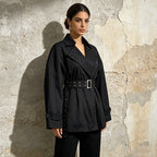 Black Belted Trench Coat Women | Oversized Lapel Short Trench Jacket - Styeenigma