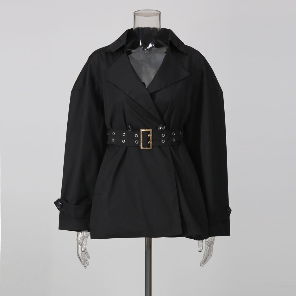 Black Belted Trench Coat Women | Oversized Lapel Short Trench Jacket - Styeenigma