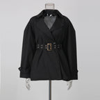 Black Belted Trench Coat Women | Oversized Lapel Short Trench Jacket - Styeenigma