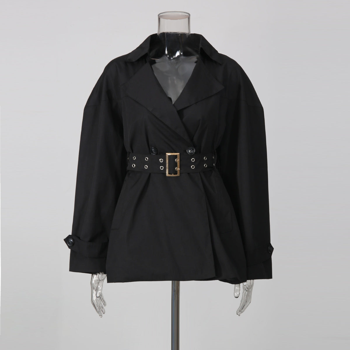 Black Belted Trench Coat Women | Oversized Lapel Short Trench Jacket - Styeenigma
