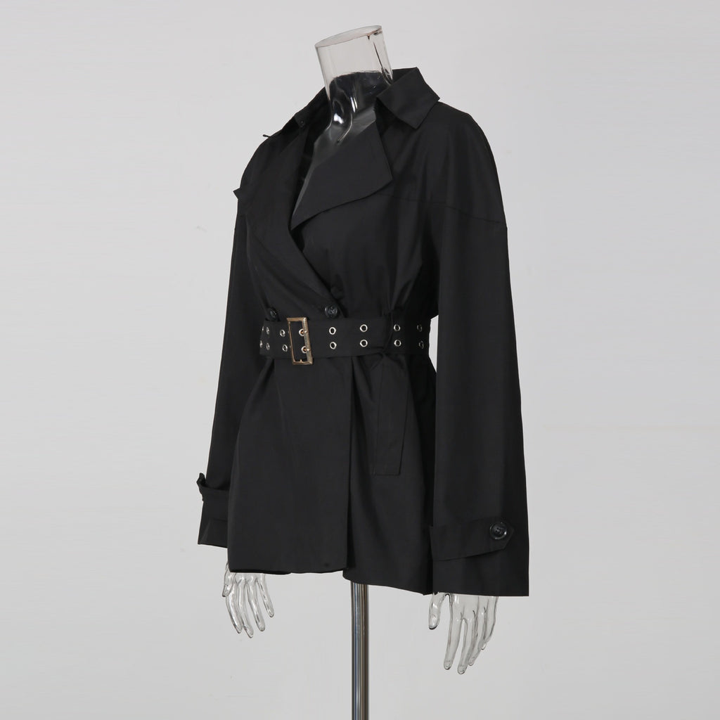 Black Belted Trench Coat Women | Oversized Lapel Short Trench Jacket - Styeenigma