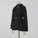 Black Belted Trench Coat Women | Oversized Lapel Short Trench Jacket - Styeenigma