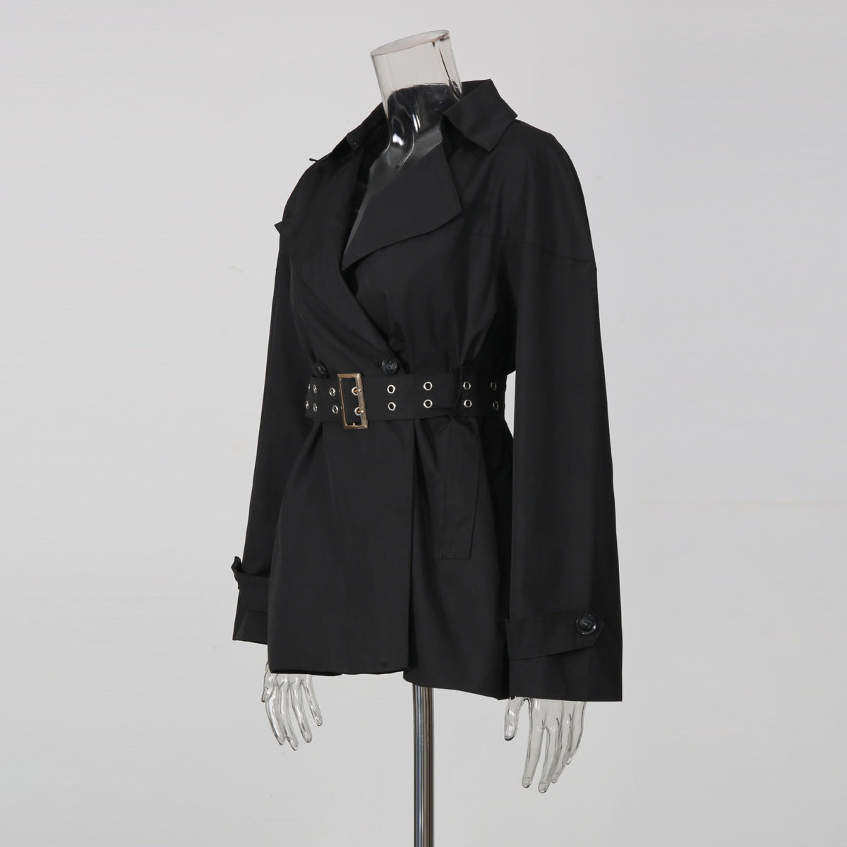 Black Belted Trench Coat Women | Oversized Lapel Short Trench Jacket - Styeenigma