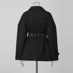 Black Belted Trench Coat Women | Oversized Lapel Short Trench Jacket - Styeenigma