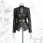 Black Belted Blazer Jacket | Structured V-Neck Utility Jacket with Gold Buckle - Styeenigma