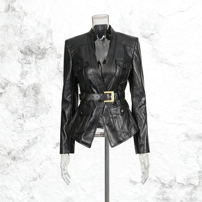 Black Belted Blazer Jacket | Structured V-Neck Utility Jacket with Gold Buckle - Styeenigma