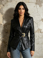 Black Belted Blazer Jacket | Structured V-Neck Utility Jacket with Gold Buckle - Styeenigma