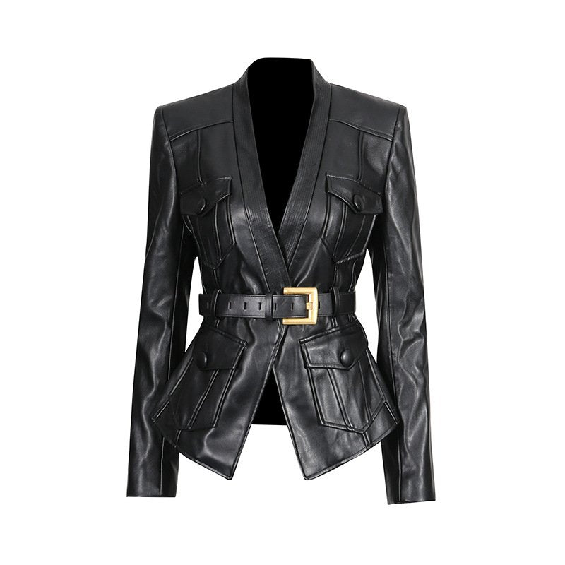 Black Belted Blazer Jacket | Structured V-Neck Utility Jacket with Gold Buckle - Styeenigma
