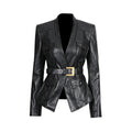 Black Belted Blazer Jacket | Structured V-Neck Utility Jacket with Gold Buckle - Styeenigma