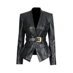 Black Belted Blazer Jacket | Structured V-Neck Utility Jacket with Gold Buckle - Styeenigma