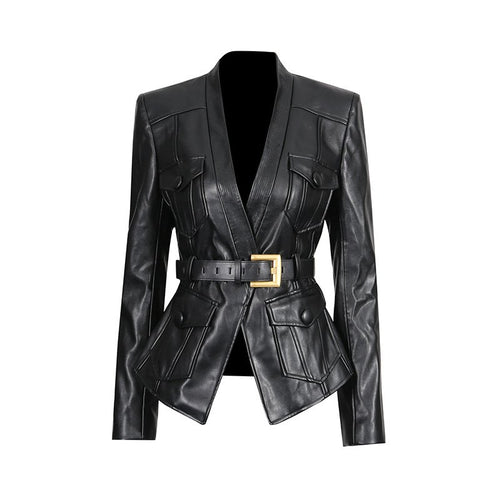 Black Belted Blazer Jacket | Structured V-Neck Utility Jacket with Gold Buckle - Styeenigma