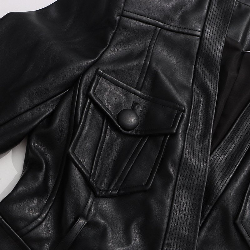Black Belted Blazer Jacket | Structured V-Neck Utility Jacket with Gold Buckle - Styeenigma