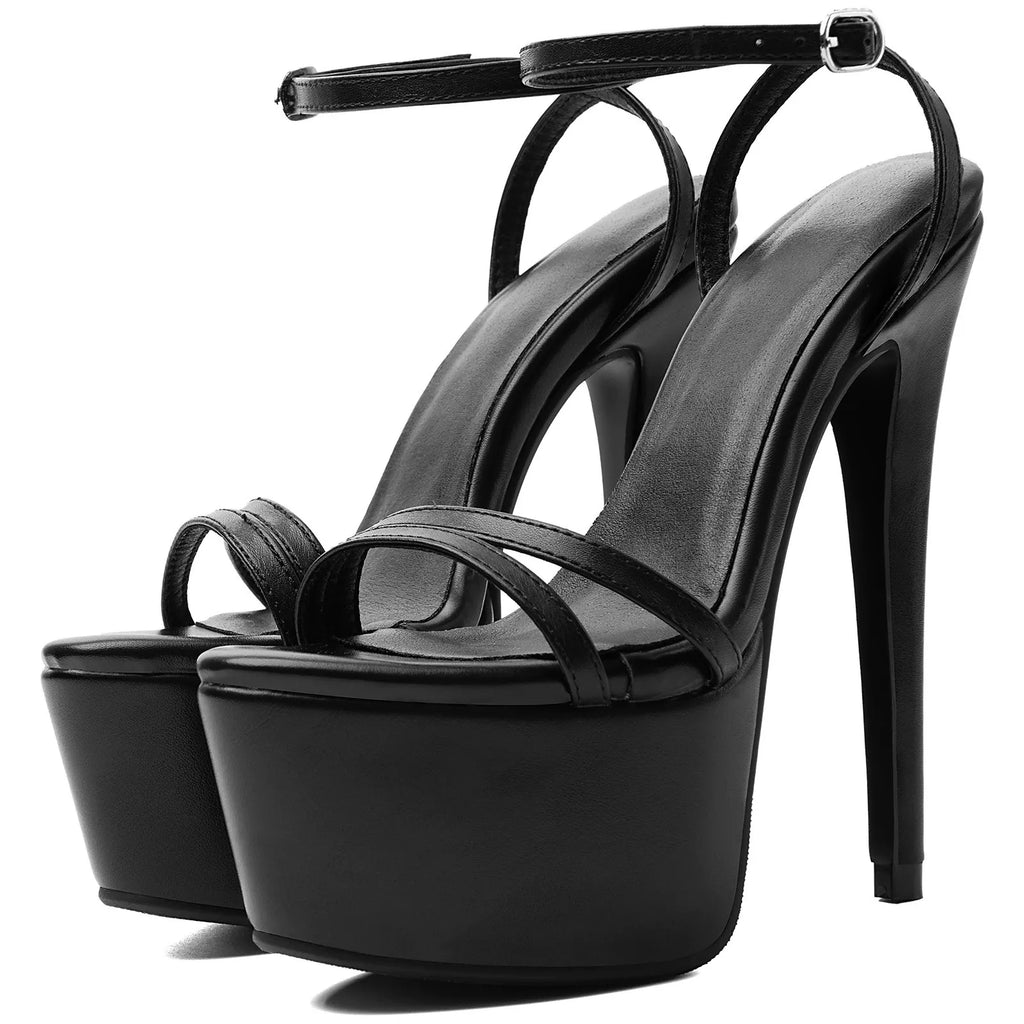 Black Faux Leather Platform Stiletto Heels | Ankle Strap Sandals Women - Styeenigma
