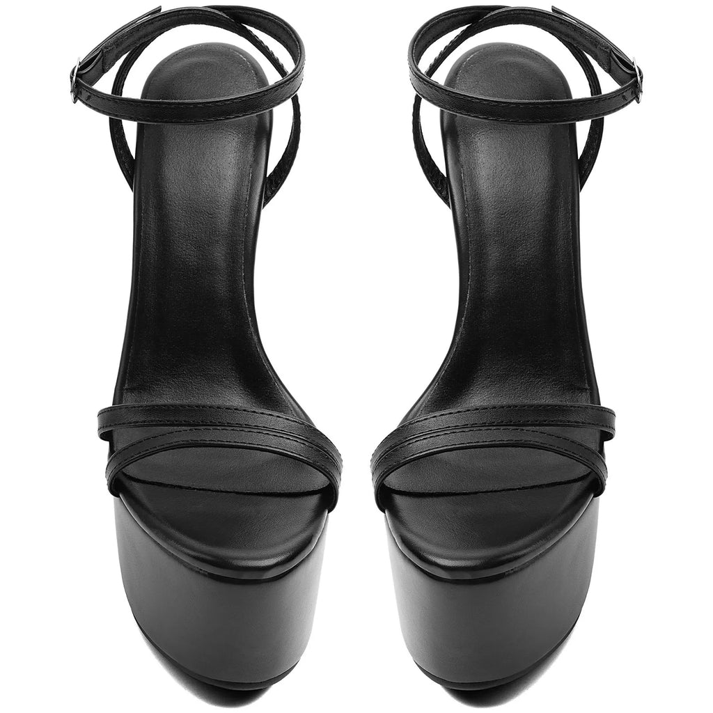 Black Faux Leather Platform Stiletto Heels | Ankle Strap Sandals Women - Styeenigma