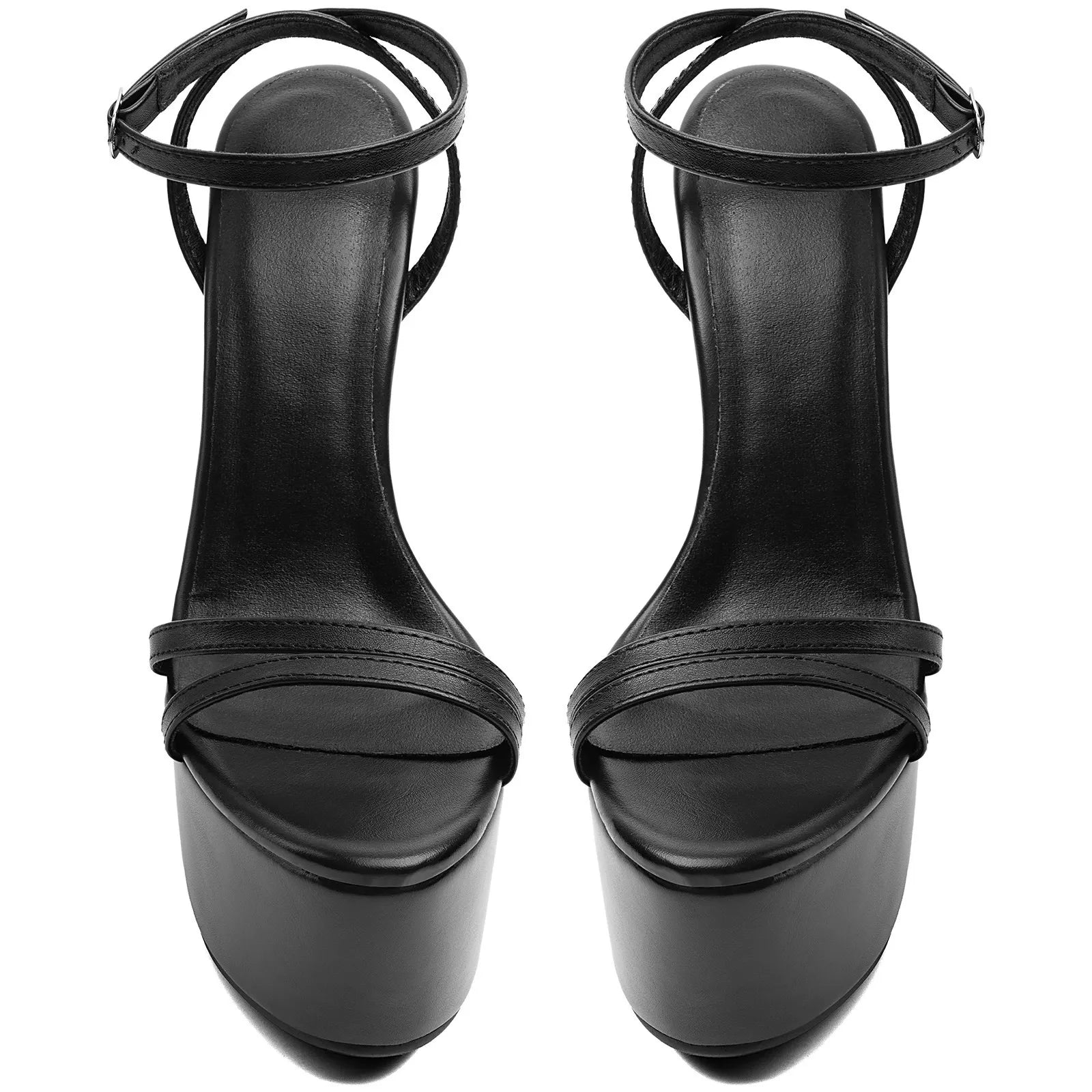 Black Faux Leather Platform Stiletto Heels | Ankle Strap Sandals Women - Styeenigma