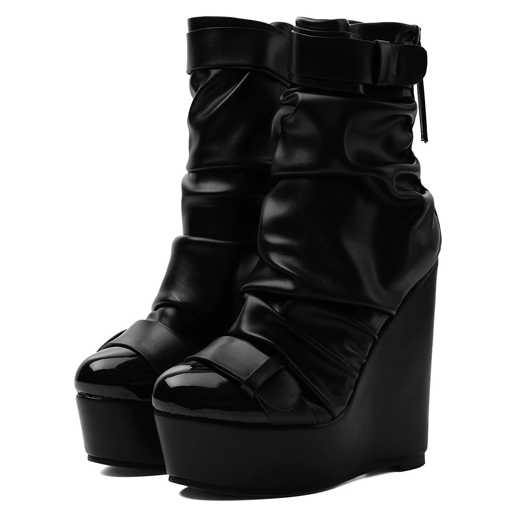 Black Faux Leather Ruched Wedge Platform Ankle Boots with Buckle Strap - Styeenigma