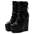 Black Faux Leather Ruched Wedge Platform Ankle Boots with Buckle Strap - Styeenigma