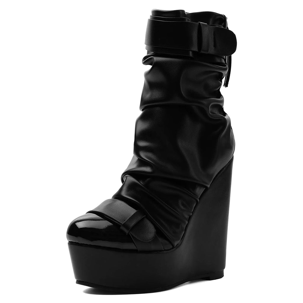 Black Faux Leather Ruched Wedge Platform Ankle Boots with Buckle Strap - Styeenigma