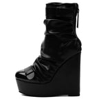 Black Faux Leather Ruched Wedge Platform Ankle Boots with Buckle Strap - Styeenigma
