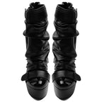Black Faux Leather Ruched Wedge Platform Ankle Boots with Buckle Strap - Styeenigma