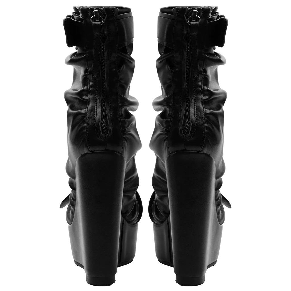 Black Faux Leather Ruched Wedge Platform Ankle Boots with Buckle Strap - Styeenigma
