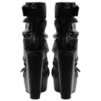 Black Faux Leather Ruched Wedge Platform Ankle Boots with Buckle Strap - Styeenigma