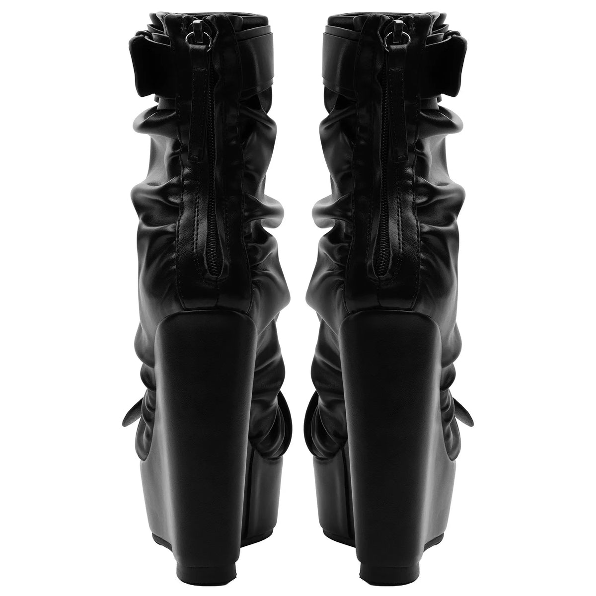 Black Faux Leather Ruched Wedge Platform Ankle Boots with Buckle Strap - Styeenigma