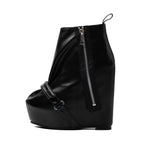 Black Faux Leather Wedge Platform Ankle Boots with Side Zipper & Buckle - Styeenigma