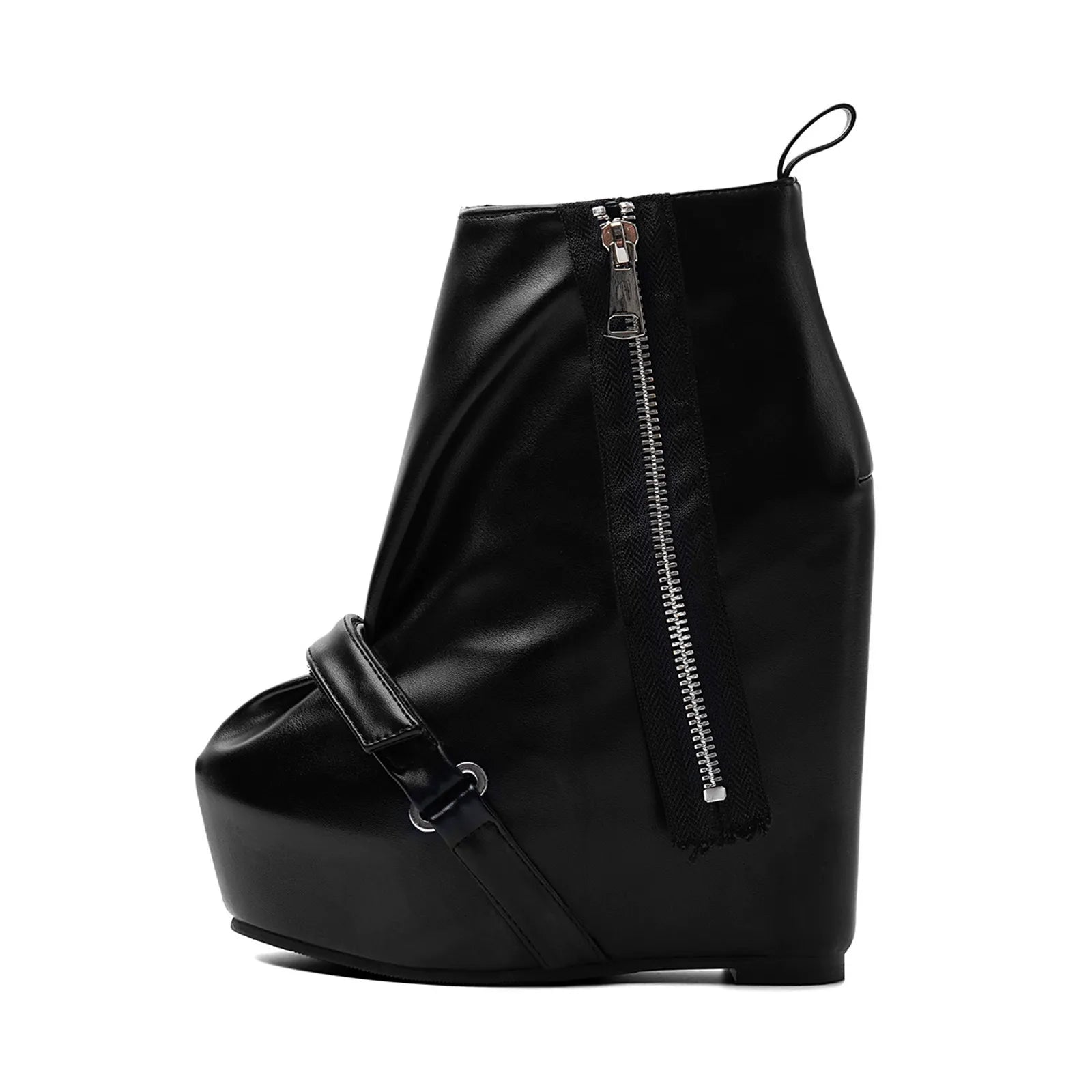 Black Faux Leather Wedge Platform Ankle Boots with Side Zipper & Buckle - Styeenigma
