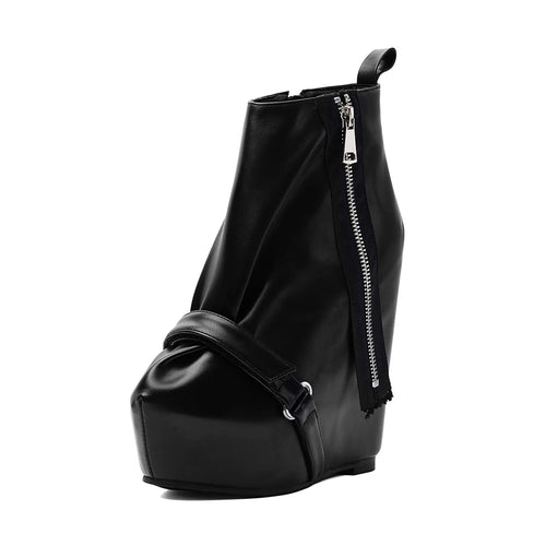 Black Faux Leather Wedge Platform Ankle Boots with Side Zipper & Buckle - Styeenigma