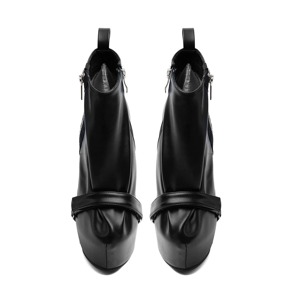 Black Faux Leather Wedge Platform Ankle Boots with Side Zipper & Buckle - Styeenigma