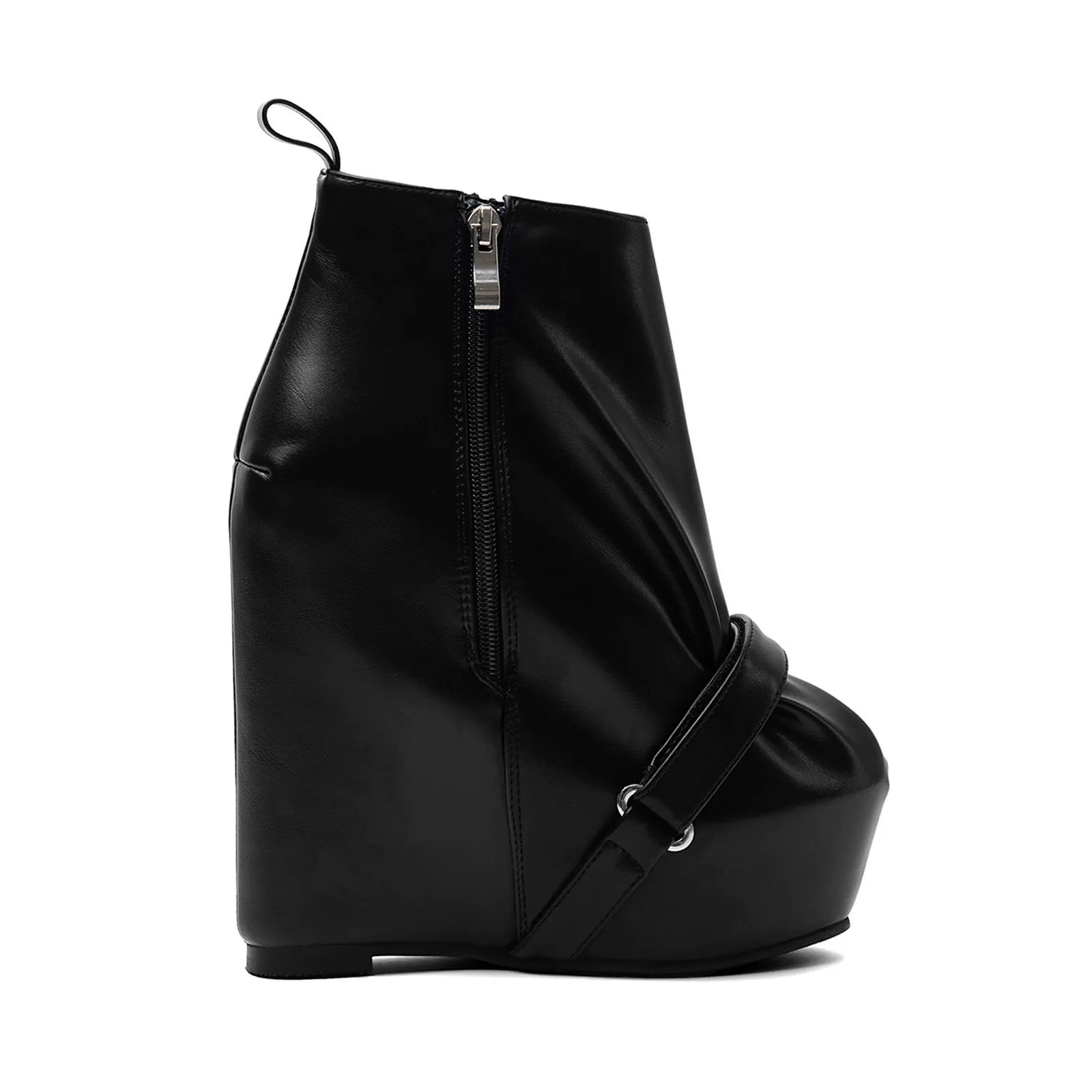 Black Faux Leather Wedge Platform Ankle Boots with Side Zipper & Buckle - Styeenigma