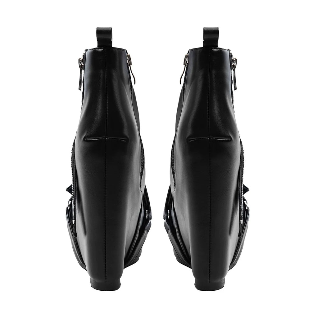 Black Faux Leather Wedge Platform Ankle Boots with Side Zipper & Buckle - Styeenigma