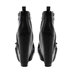Black Faux Leather Wedge Platform Ankle Boots with Side Zipper & Buckle - Styeenigma