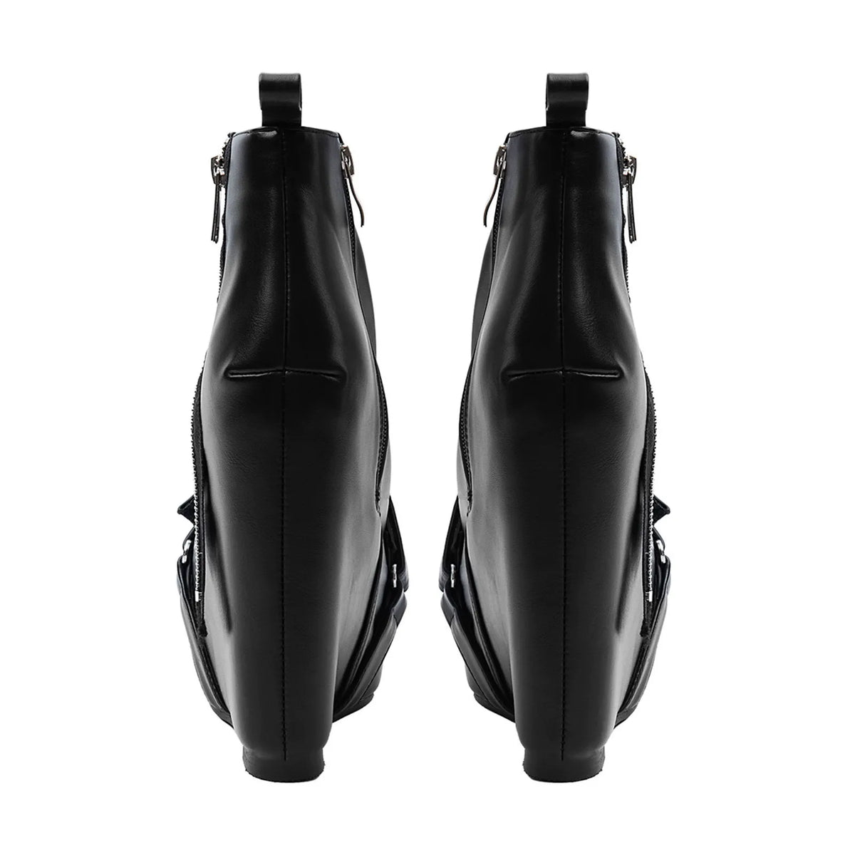 Black Faux Leather Wedge Platform Ankle Boots with Side Zipper & Buckle - Styeenigma