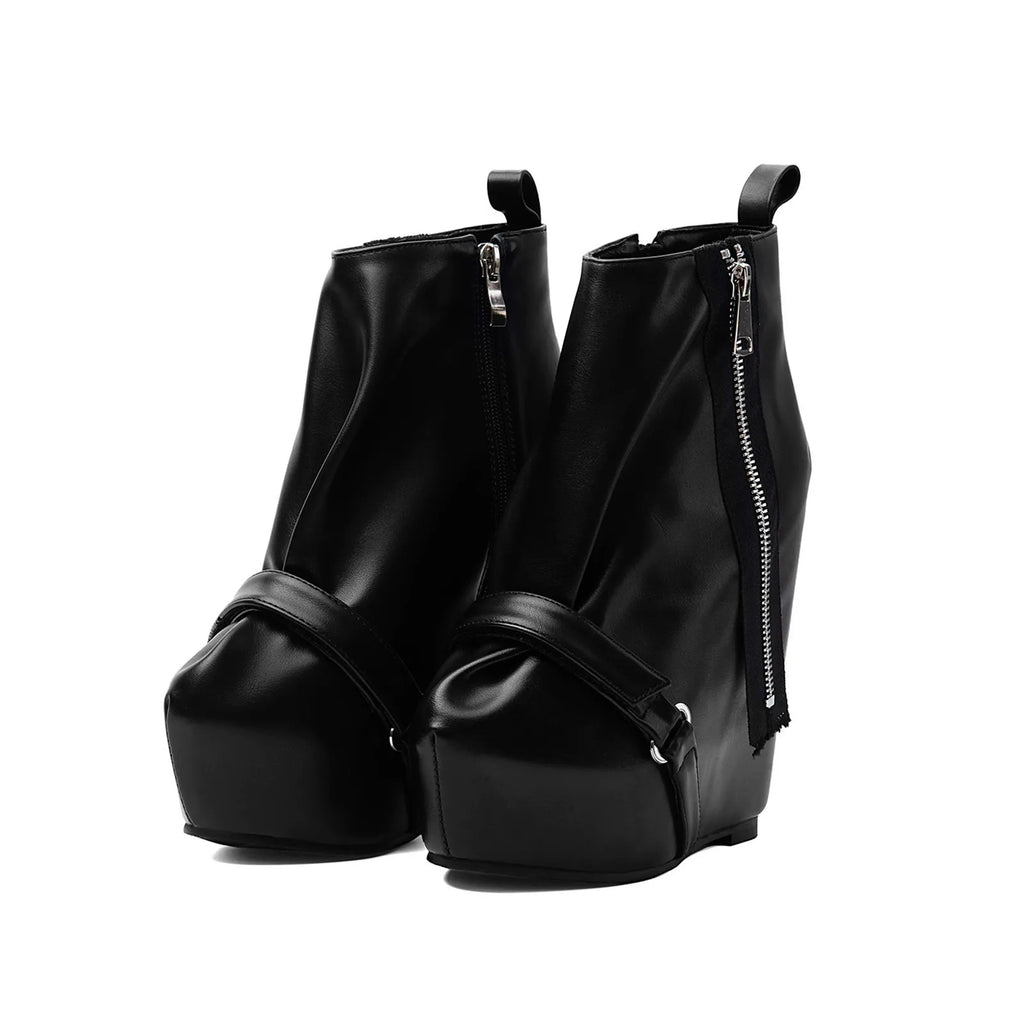 Black Faux Leather Wedge Platform Ankle Boots with Side Zipper & Buckle - Styeenigma