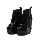 Black Faux Leather Wedge Platform Ankle Boots with Side Zipper & Buckle - Styeenigma