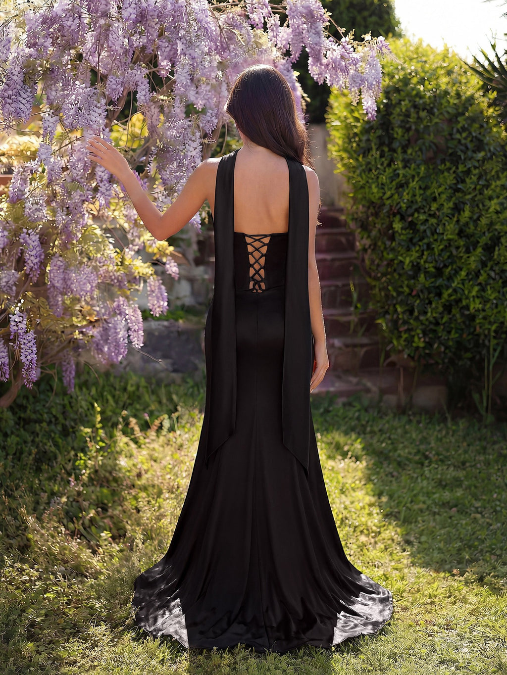 Black Lace Corset Gown with High Slit – Elegant Formal Evening Dress