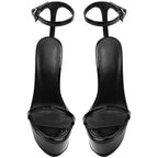Black Patent Platform Stiletto Heels Women's Minimalist Ankle Strap Sandals