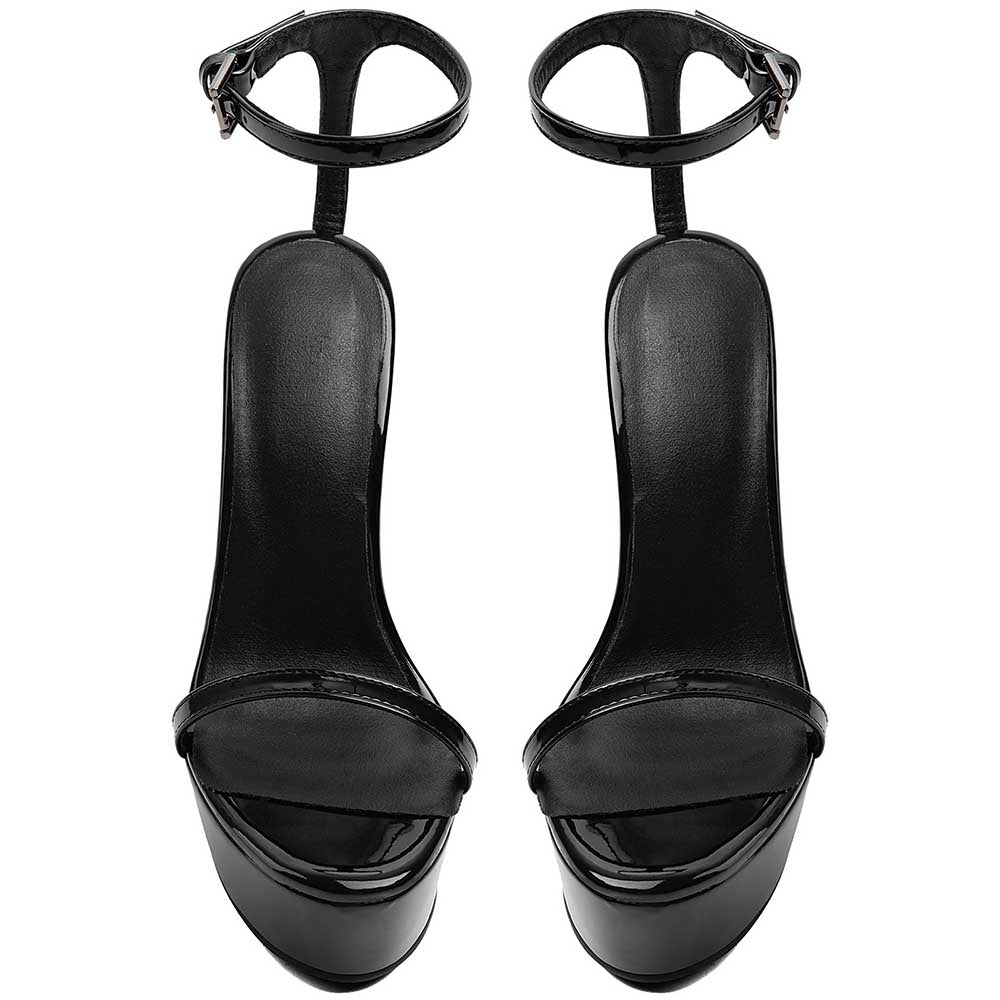 Black Patent Platform Stiletto Heels Women's Minimalist Ankle Strap Sandals