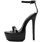 Black Patent Platform Stiletto Heels Women's Minimalist Ankle Strap Sandals