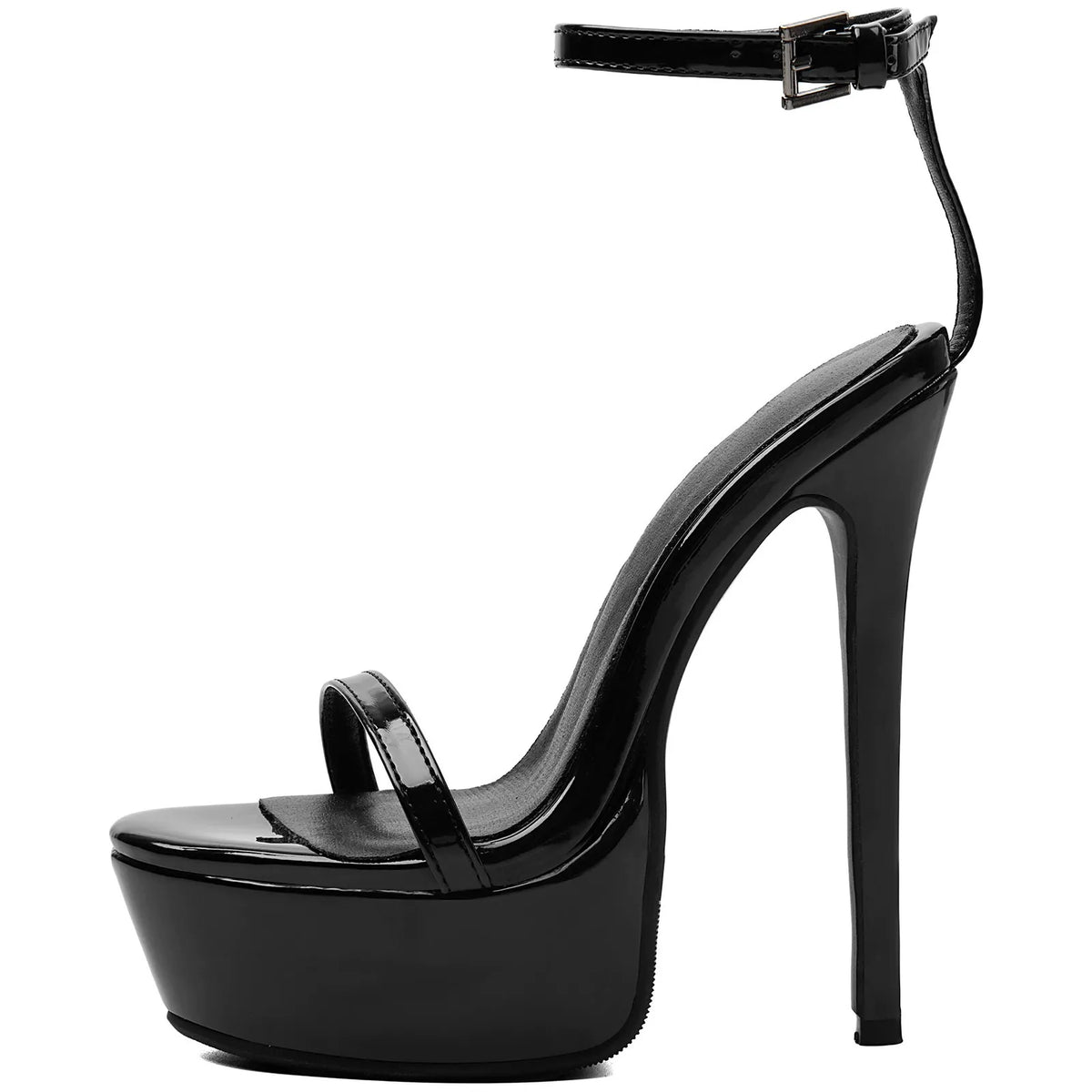 Black Patent Platform Stiletto Heels Women's Minimalist Ankle Strap Sandals
