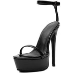 Black Patent Platform Stiletto Heels Women's Minimalist Ankle Strap Sandals